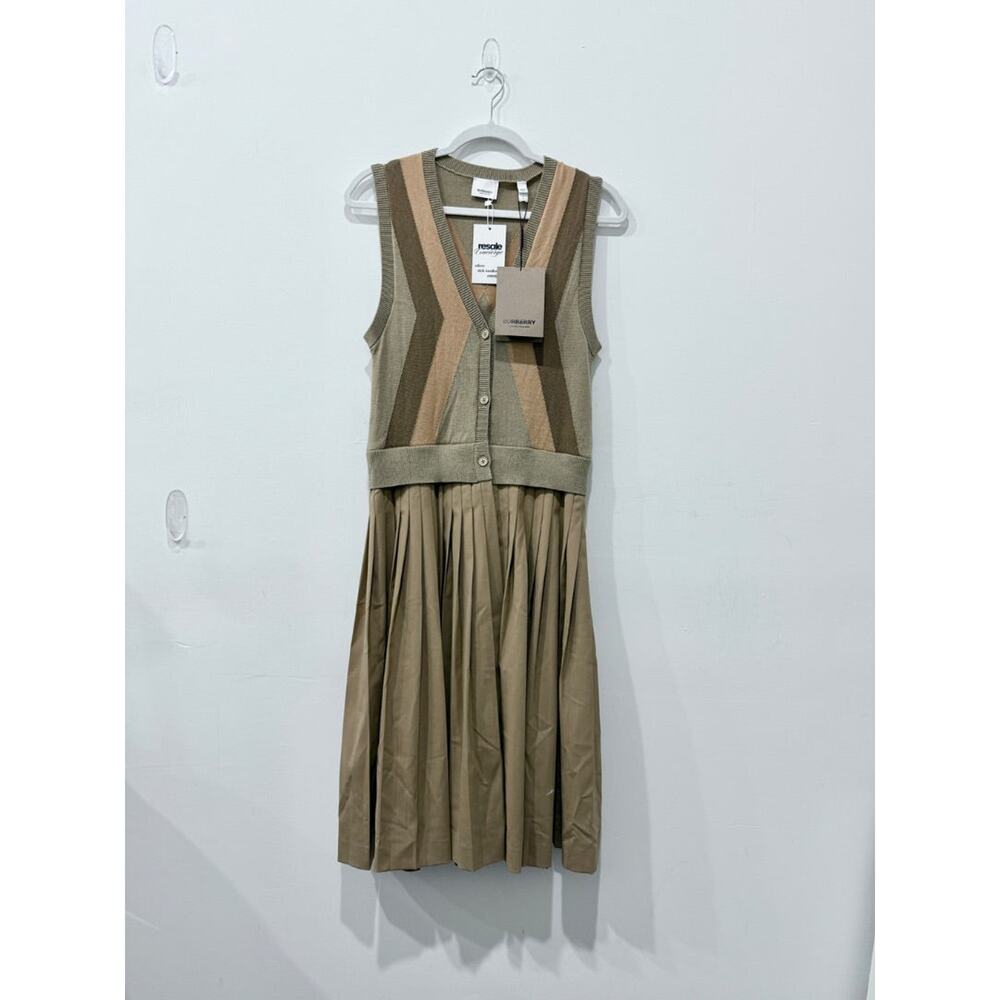 NWT Burberry 100% Wool Sleveless V-Neck Pleated A-Line Midi Dress Light Brown S - Picture 5 of 8